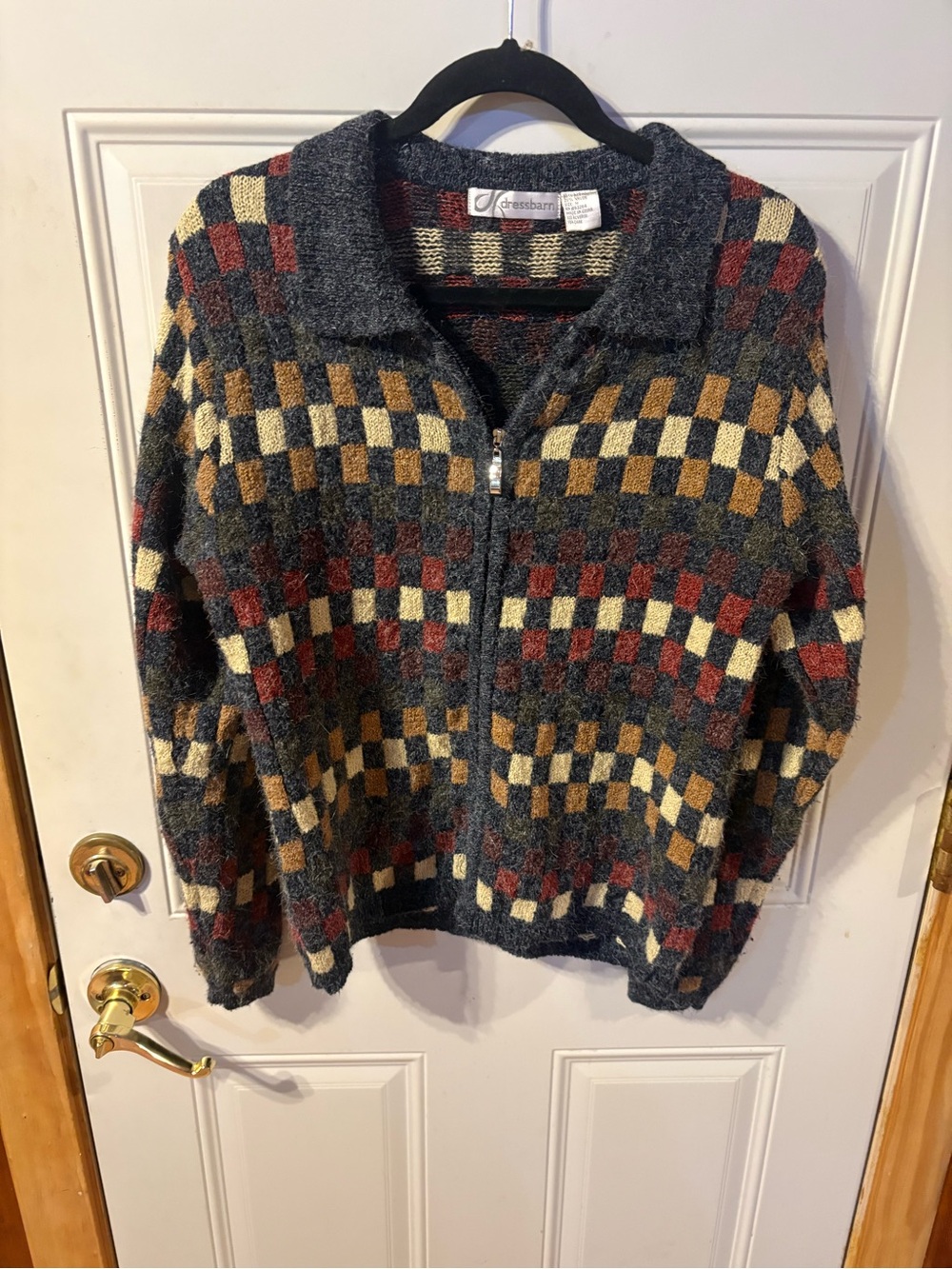 Vintage Dressbarn Geometric Plaid Zip Up Sweater Size M Retro 80s 90s
